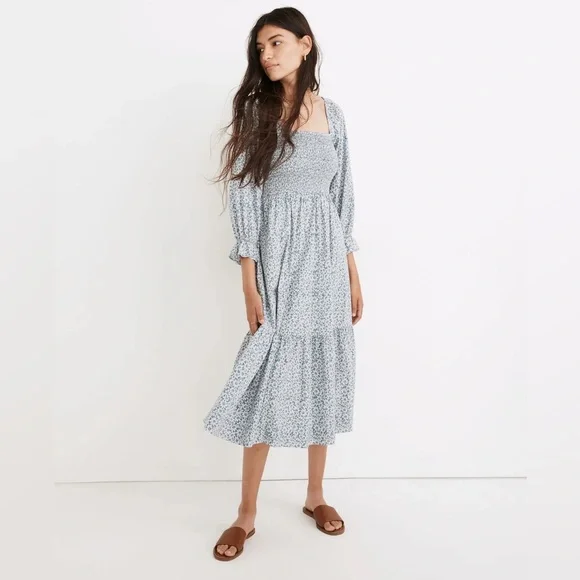 Madewell Lucie Elbow-Sleeve Smocked Midi Dress in Sunflower Field - Picture 2 of 7